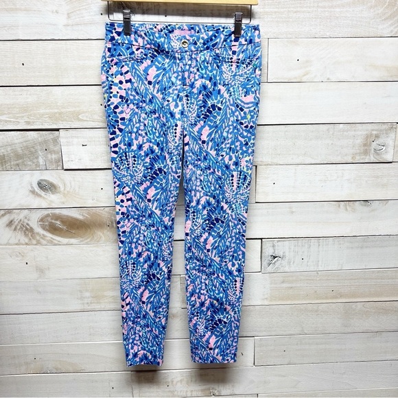 Lilly Pulitzer Pants Womens 0 Pink Blue Kelly Skinny Ankle Tic Tac Tile Preppy - Picture 1 of 11